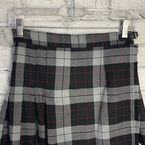 Vintage 90s Y2K Pleated Grey Black Plaid Wrap Mini Skirt - Picture 2 of 11